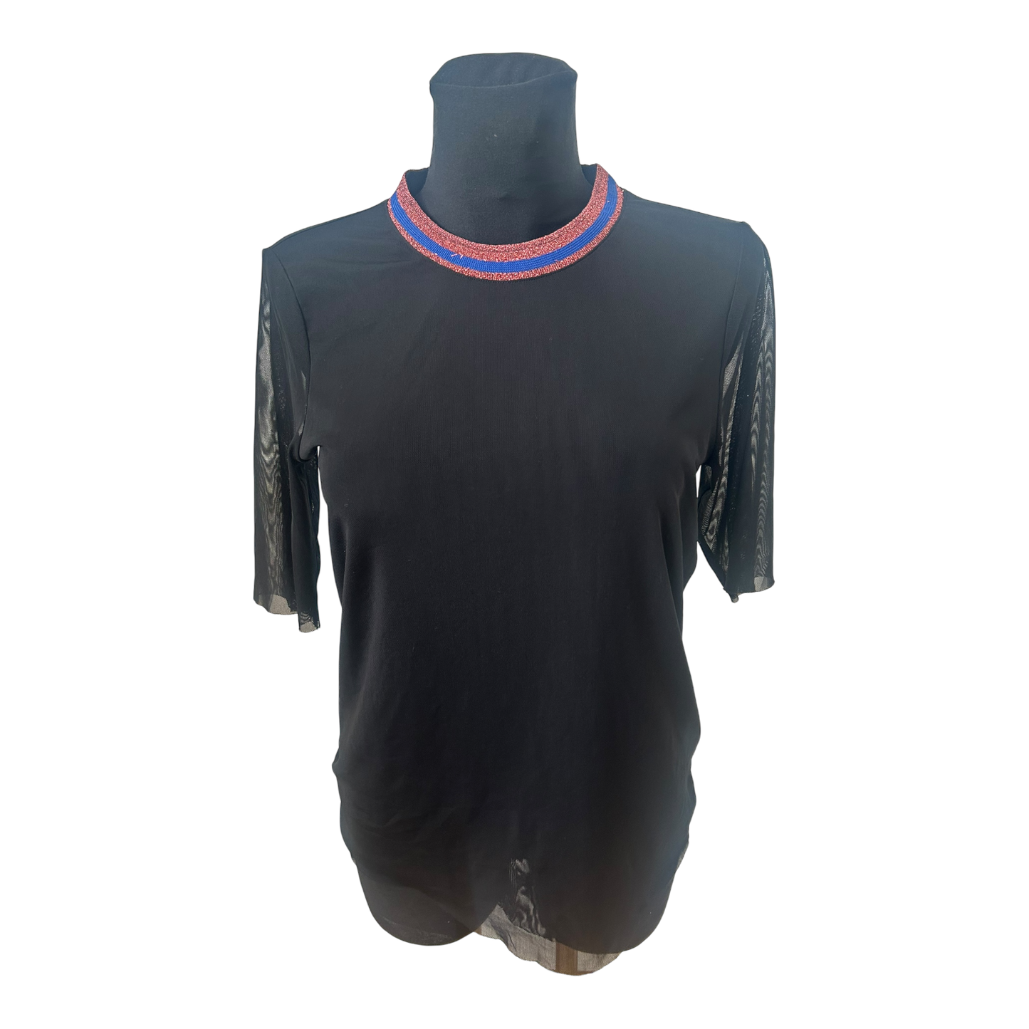 YAS Damen Shirt Schwarz Transparent Glitzerkragen Ausgehshirt Größe M