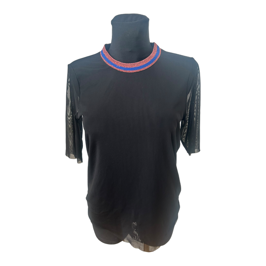 YAS Damen Shirt Schwarz Transparent Glitzerkragen Ausgehshirt Größe M