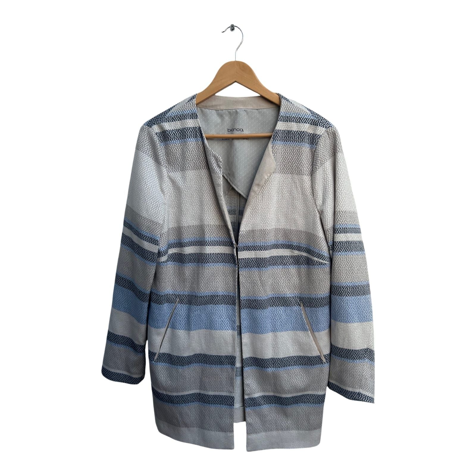 Bianca Mantel Damen Gr 46 Beige Blau Gestreift Übergang Elegant Teilgefüttert