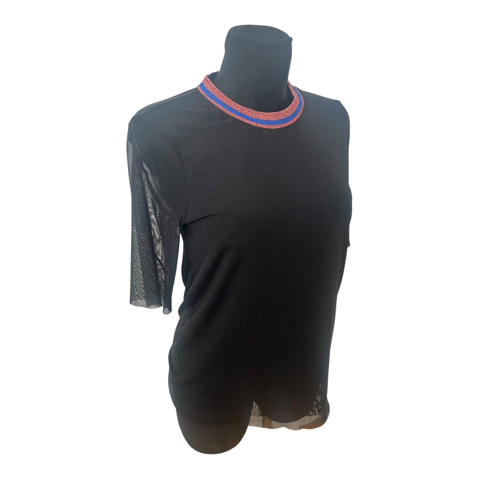 YAS Damen Shirt Schwarz Transparent Glitzerkragen Ausgehshirt Größe M