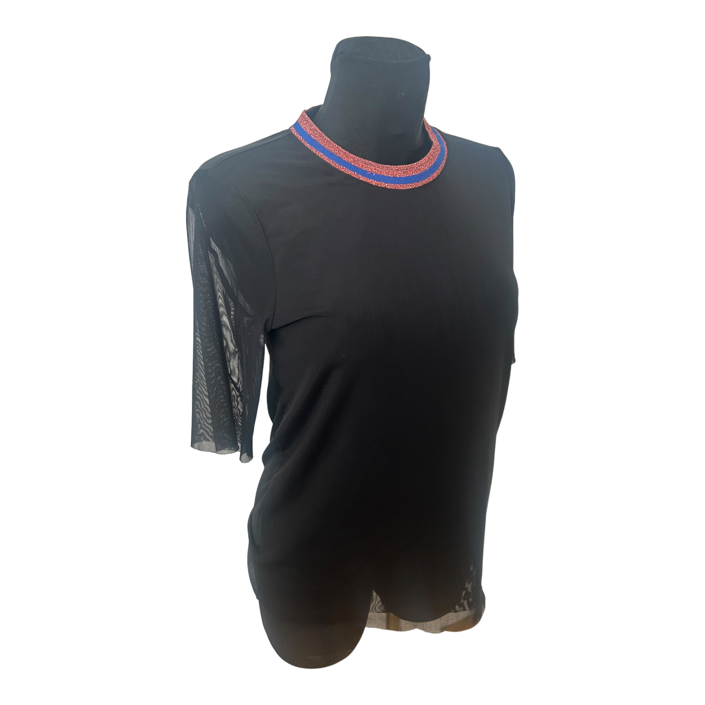 YAS Damen Shirt Schwarz Transparent Glitzerkragen Ausgehshirt Größe M