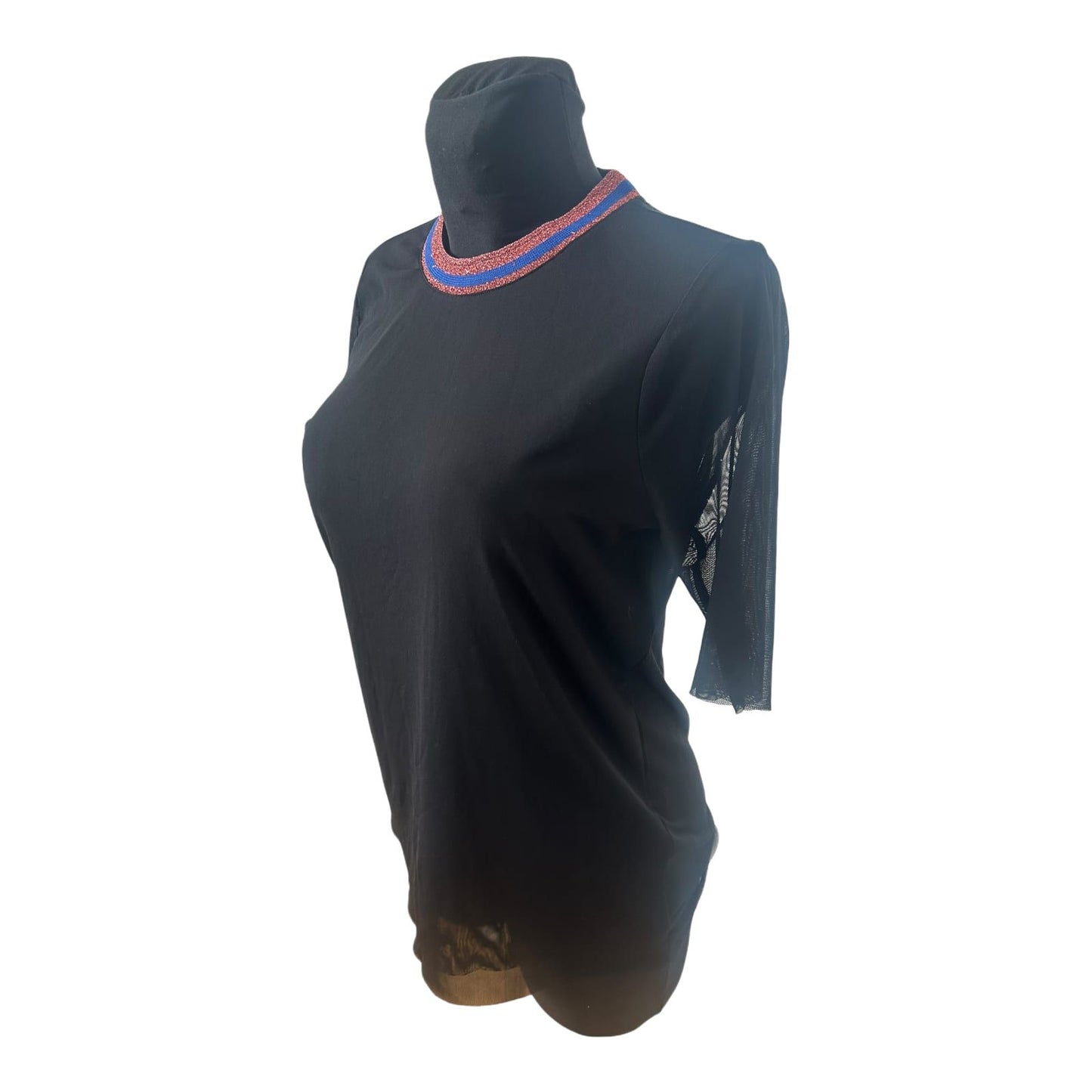 YAS Damen Shirt Schwarz Transparent Glitzerkragen Ausgehshirt Größe M