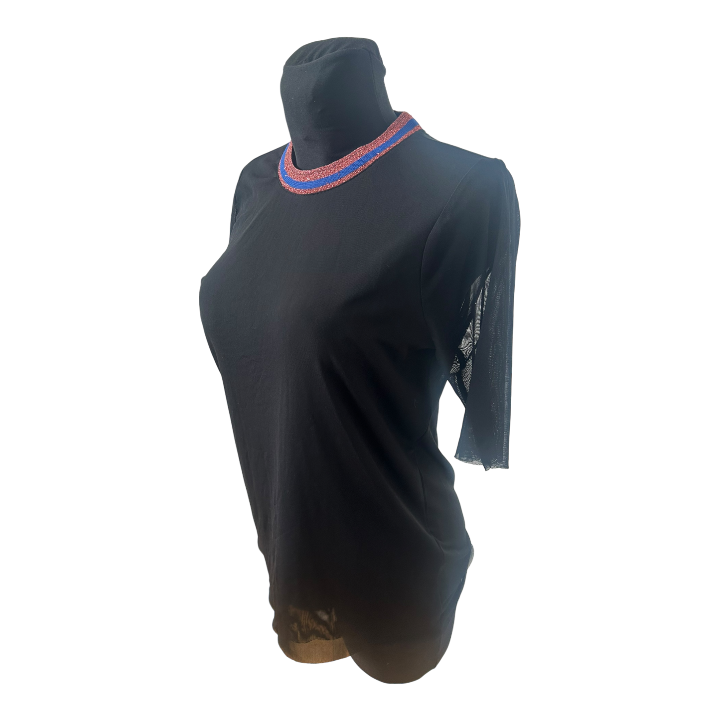 YAS Damen Shirt Schwarz Transparent Glitzerkragen Ausgehshirt Größe M