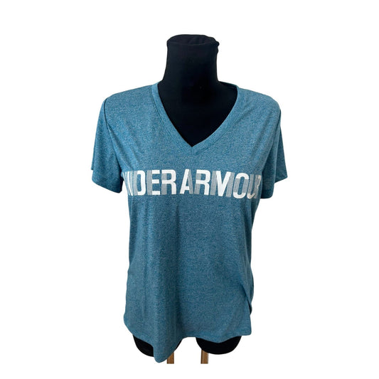Under Armour Damen T Shirt Gr M Blau V-Ausschnitt Sport Logo Sportlich