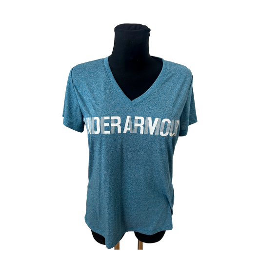 Under Armour Damen T Shirt Gr M Blau V-Ausschnitt Sport Logo Sportlich
