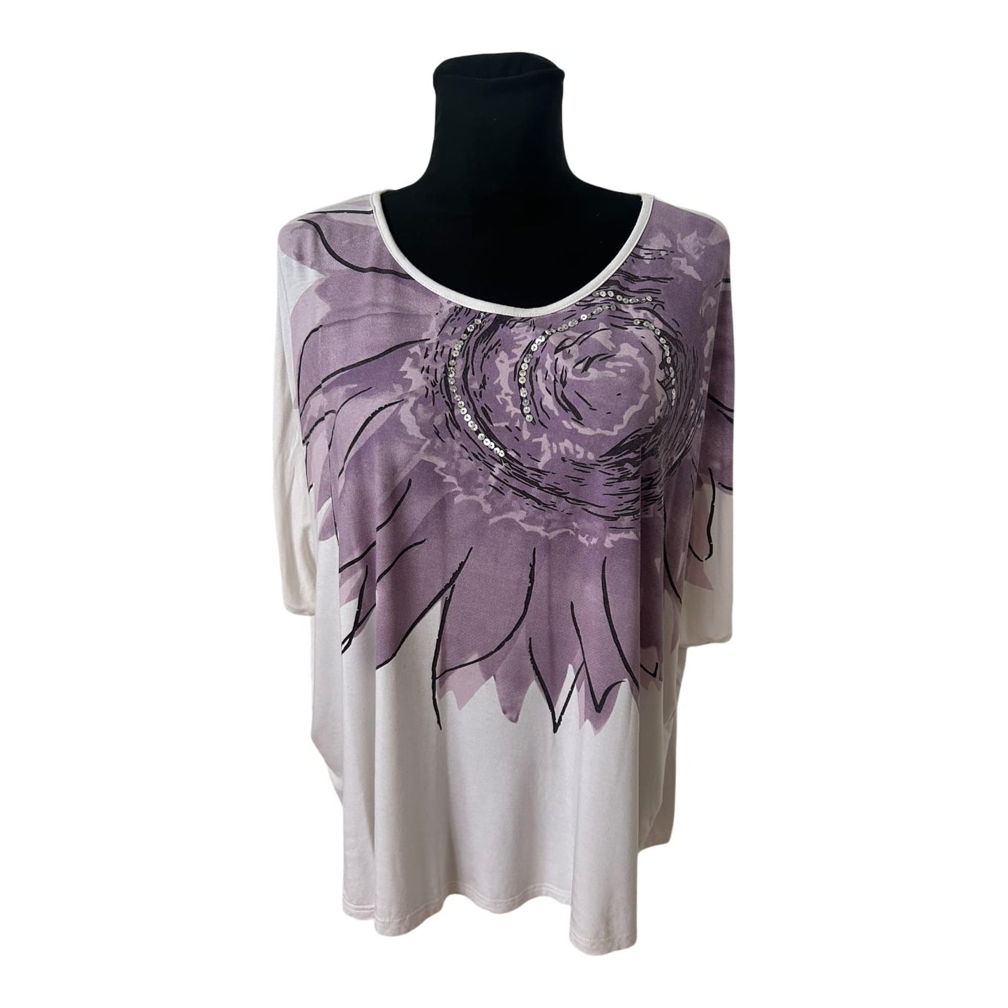 SHE Damen Shirt Gr 36 Fledermausärmel Pailletten Blume Viskose Elegant