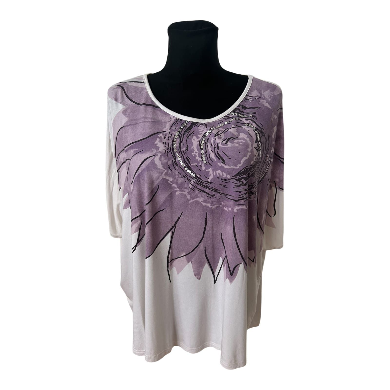 SHE Damen Shirt Gr 36 Fledermausärmel Pailletten Blume Viskose Elegant