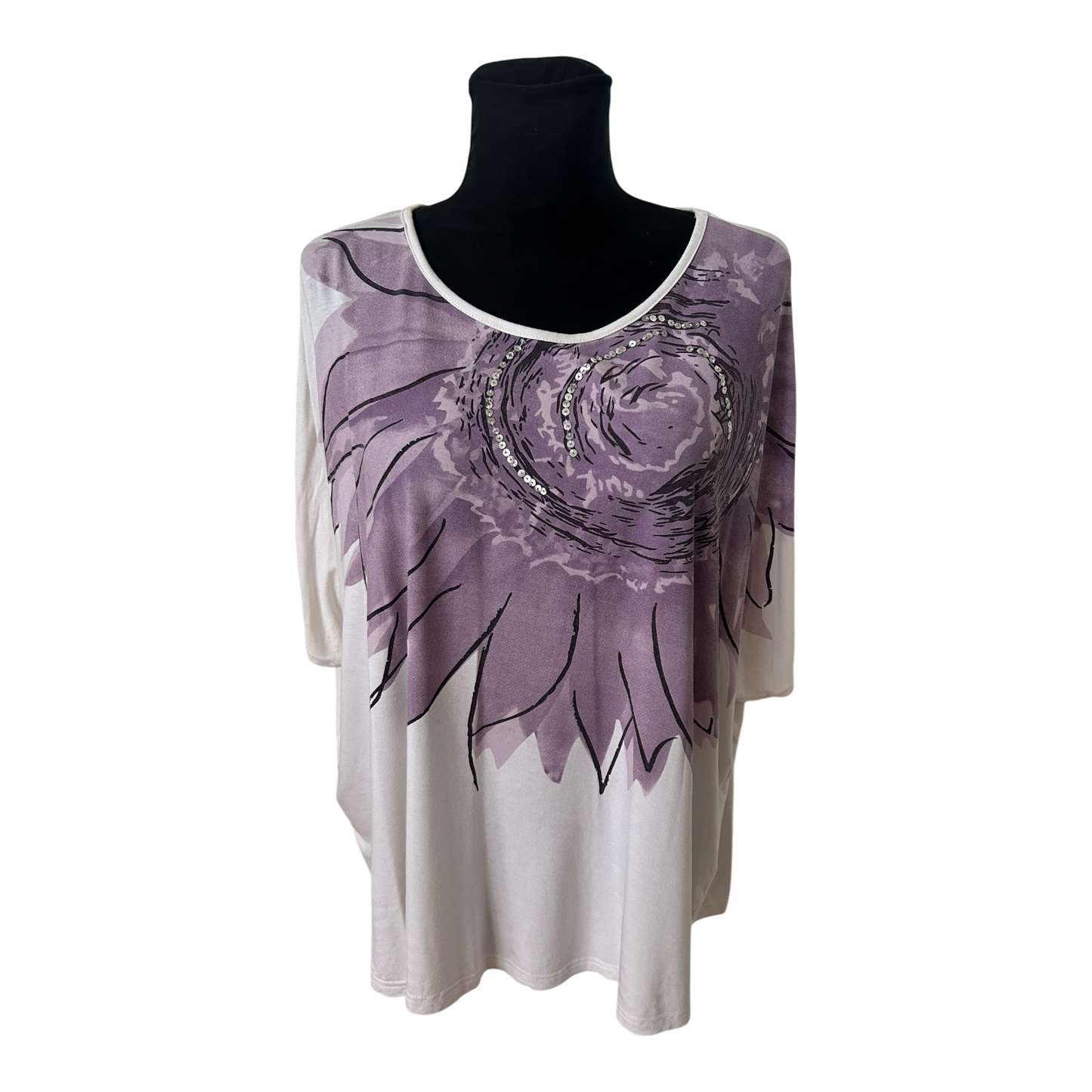 SHE Damen Shirt Gr 36 Fledermausärmel Pailletten Blume Viskose Elegant