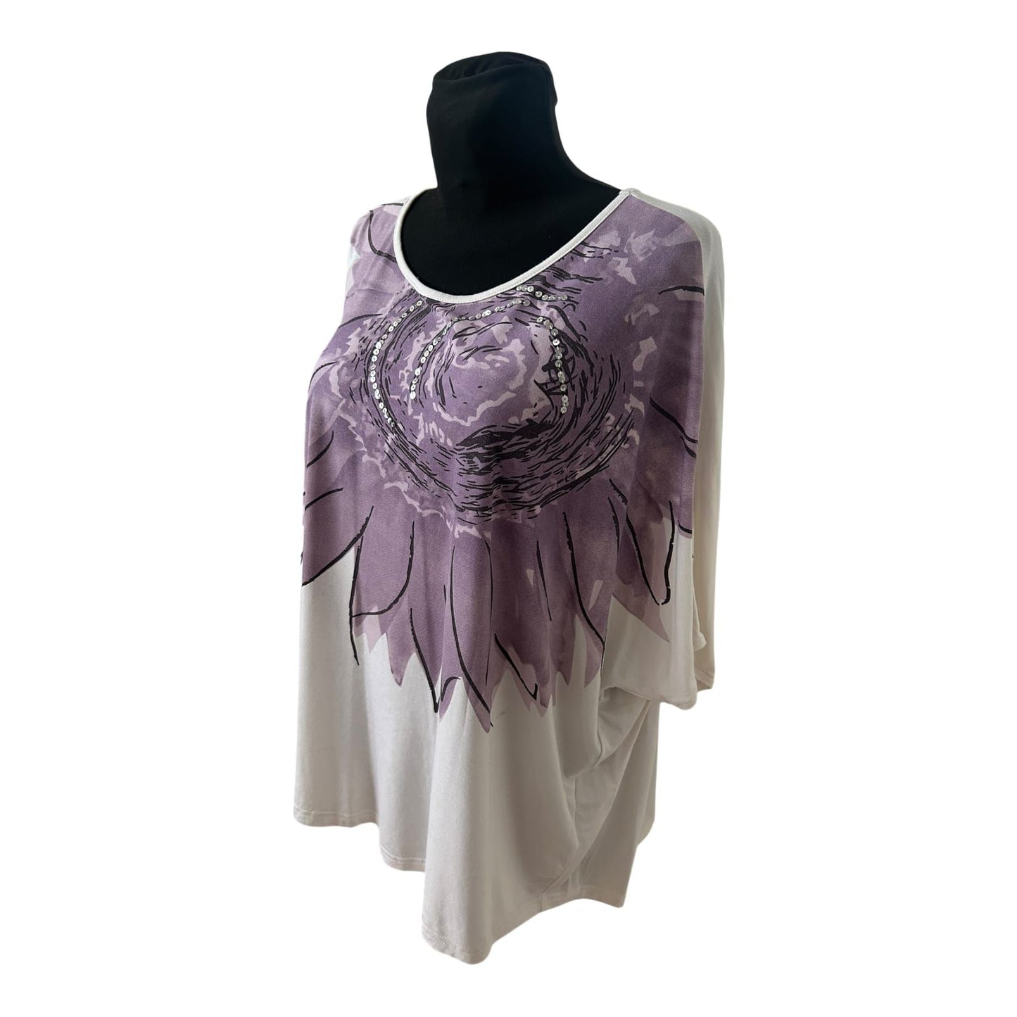 SHE Damen Shirt Gr 36 Fledermausärmel Pailletten Blume Viskose Elegant