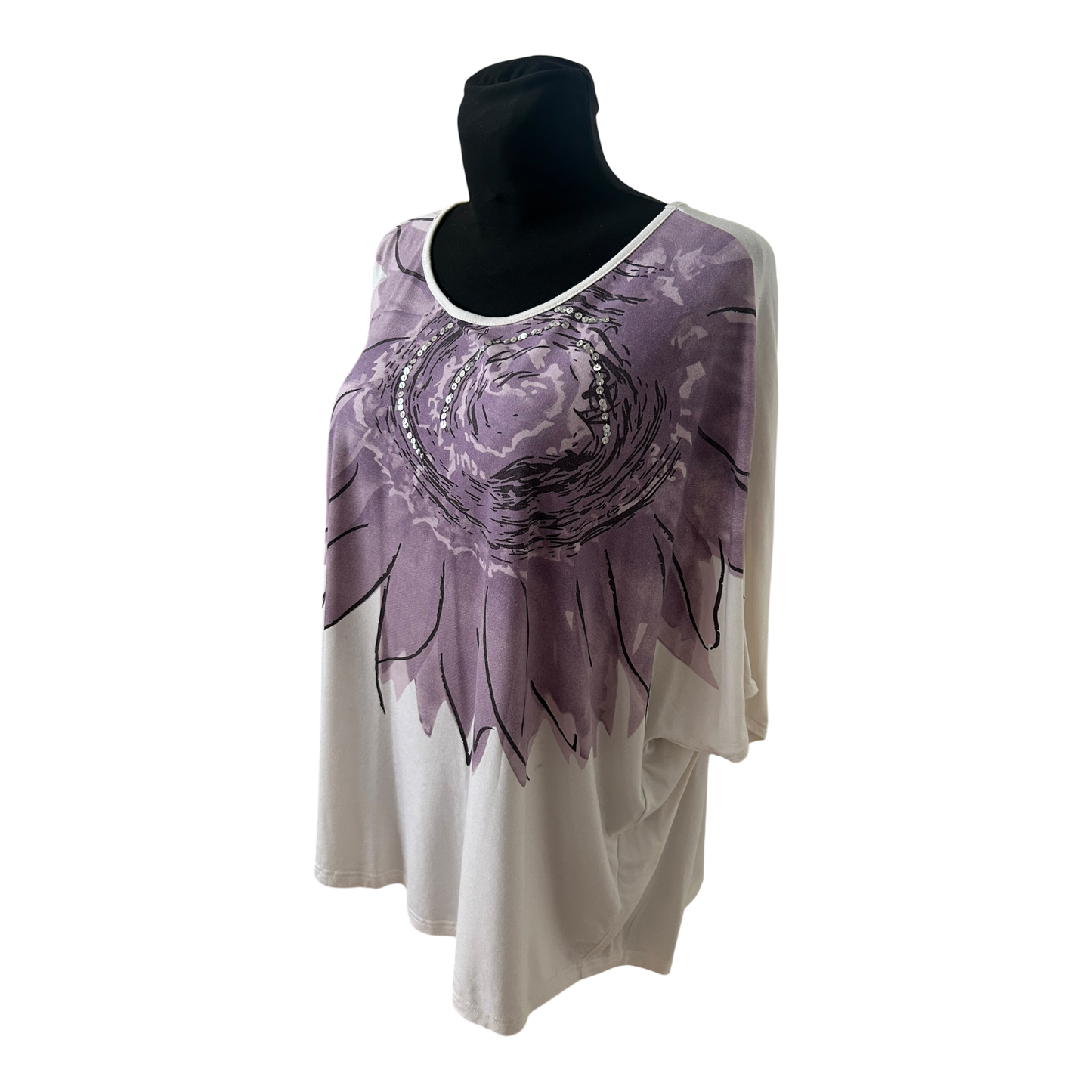 SHE Damen Shirt Gr 36 Fledermausärmel Pailletten Blume Viskose Elegant