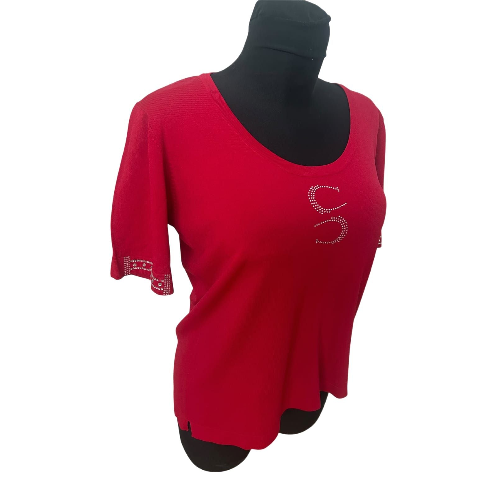 DMG Damen Shirt Gr XL Rot Strass Viskose Stretch Rundhals Elegant