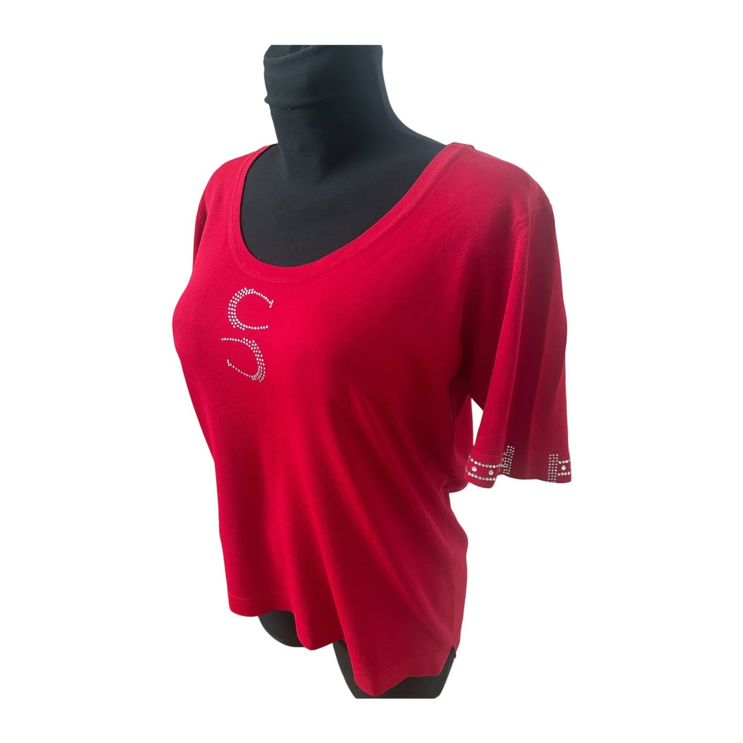 DMG Damen Shirt Gr XL Rot Strass Viskose Stretch Rundhals Elegant