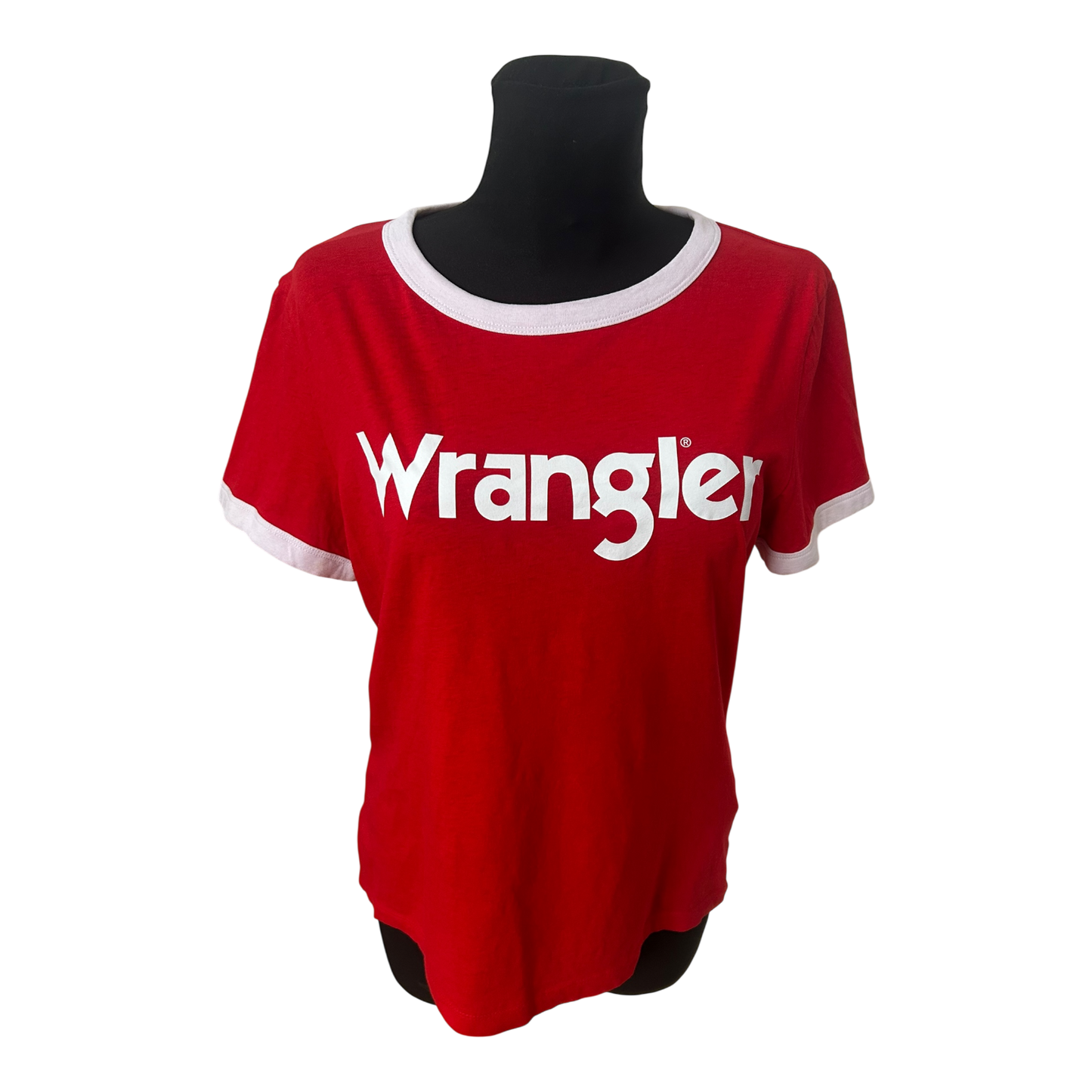Wrangler Damen T Shirt Gr L Rot Weiss Logo Print Retro Baumwolle Top Retro Look