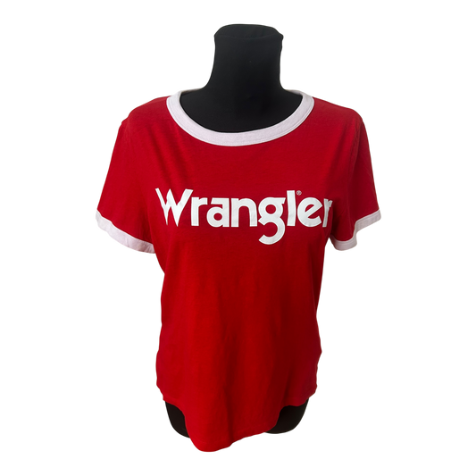 Wrangler Damen T Shirt Gr L Rot Weiss Logo Print Retro Baumwolle Top Retro Look