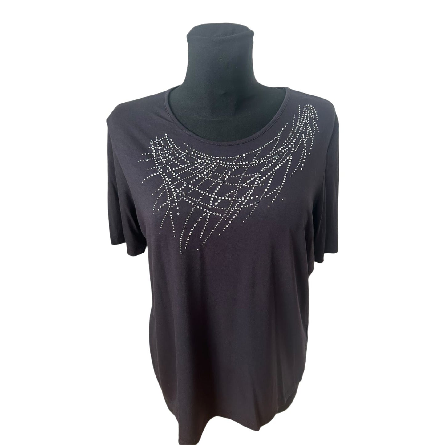 Benter Damen Shirt Gr XL Schwarz Strass- Nietenmuster Viskose Stretch Elegant