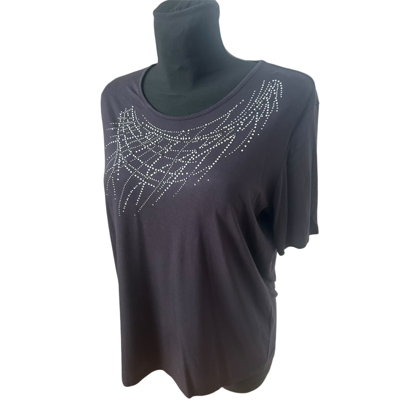 Benter Damen Shirt Gr XL Schwarz Strass- Nietenmuster Viskose Stretch Elegant