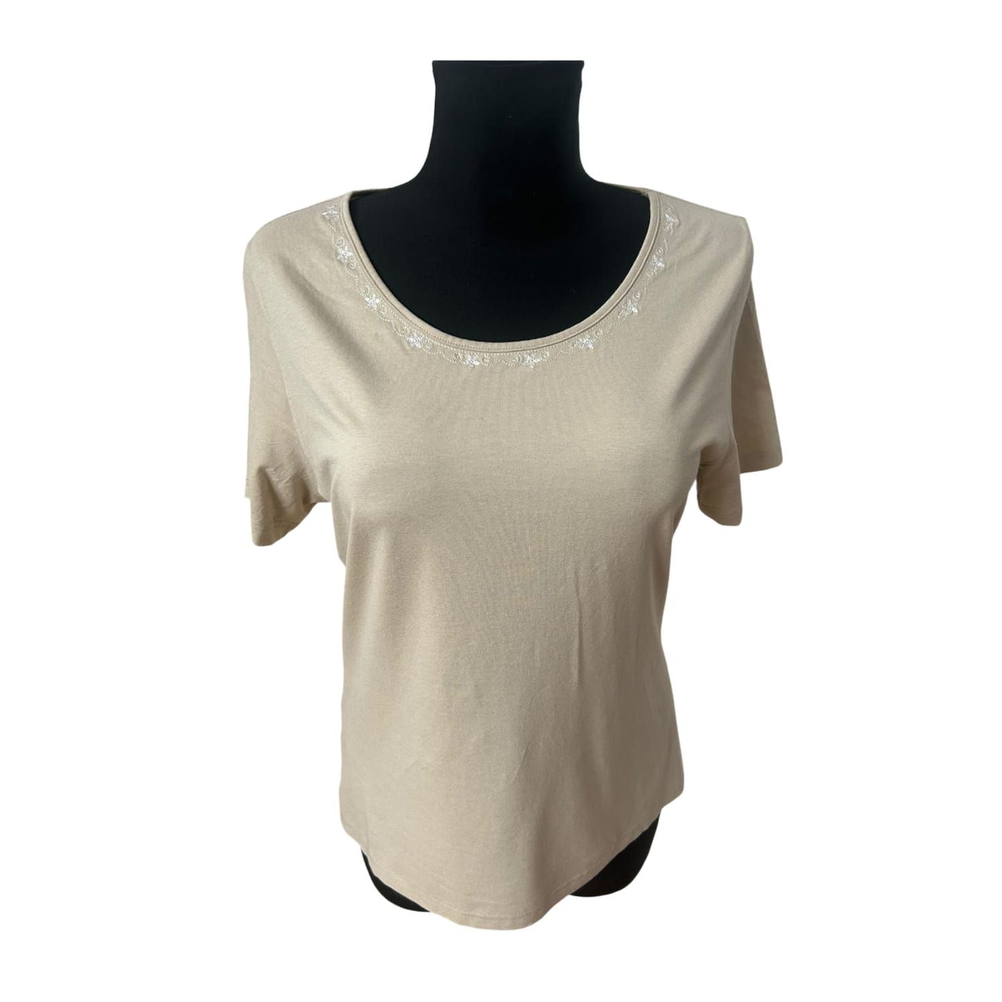 H. Moser Damen Trachtenshirt Gr M Beige Viskose Stretch Rundhals