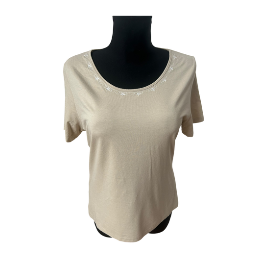 H. Moser Damen Trachtenshirt Gr M Beige Viskose Stretch Rundhals