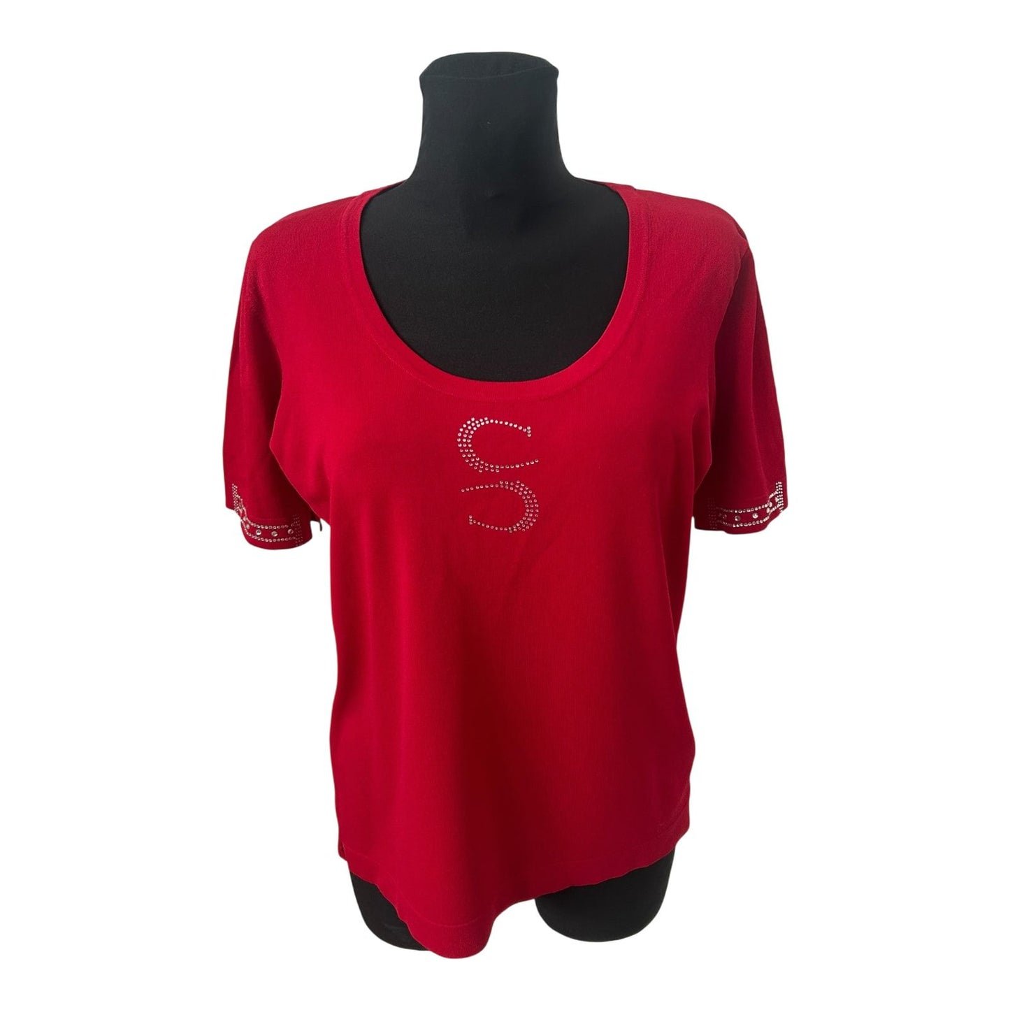 DMG Damen Shirt Gr XL Rot Strass Viskose Stretch Rundhals Elegant