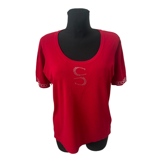 DMG Damen Shirt Gr XL Rot Strass Viskose Stretch Rundhals Elegant