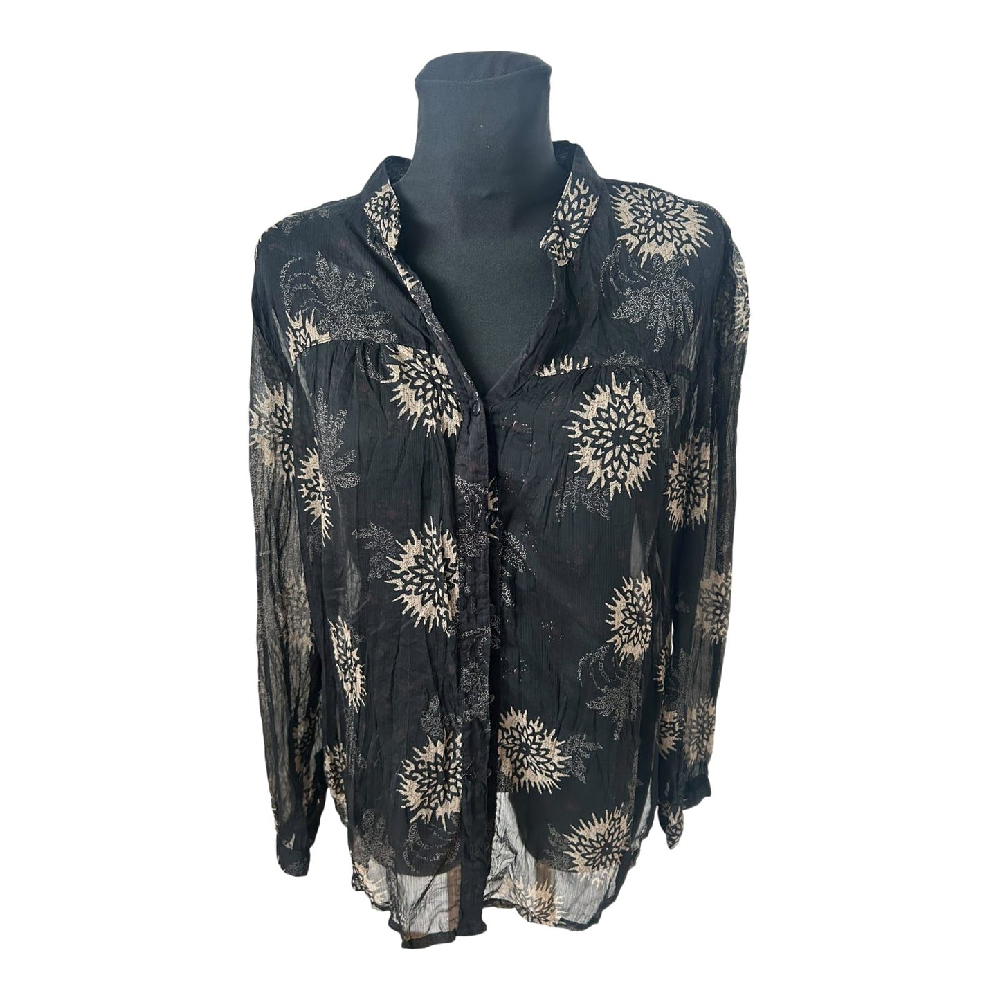 Yessica Damen Bluse Gr 48 Schwarz Transparent Krepp Muster Langarm Elegant