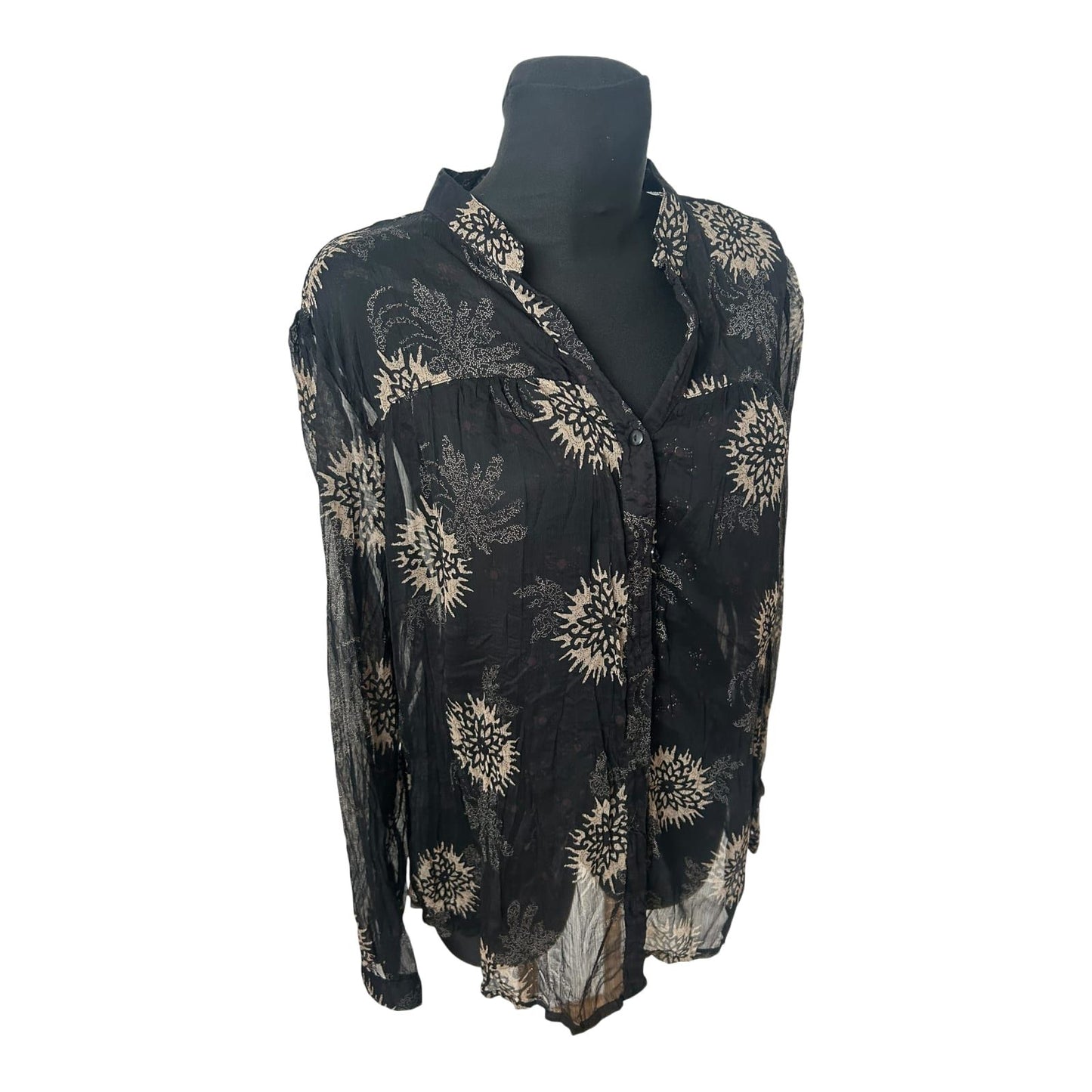 Yessica Damen Bluse Gr 48 Schwarz Transparent Krepp Muster Langarm Elegant