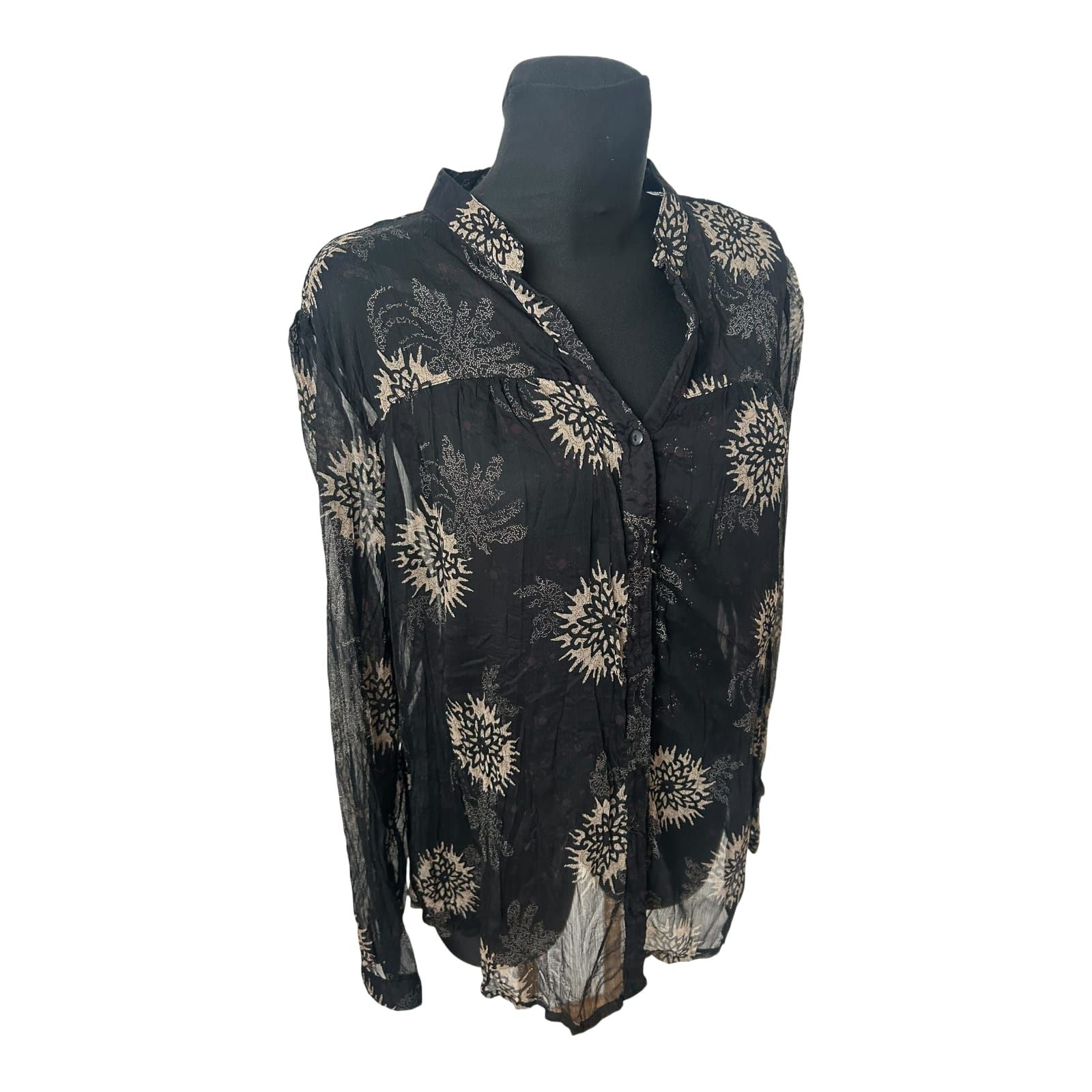 Yessica Damen Bluse Gr 48 Schwarz Transparent Krepp Muster Langarm Elegant
