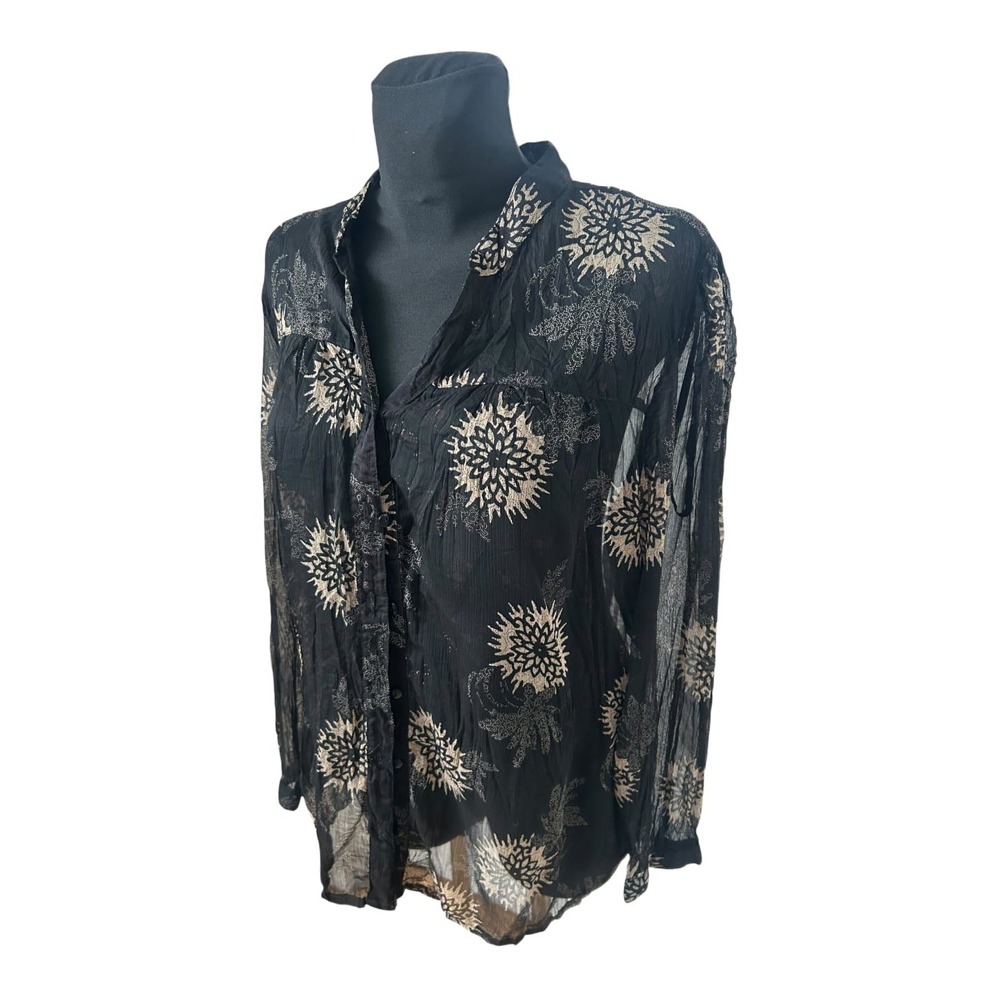 Yessica Damen Bluse Gr 48 Schwarz Transparent Krepp Muster Langarm Elegant