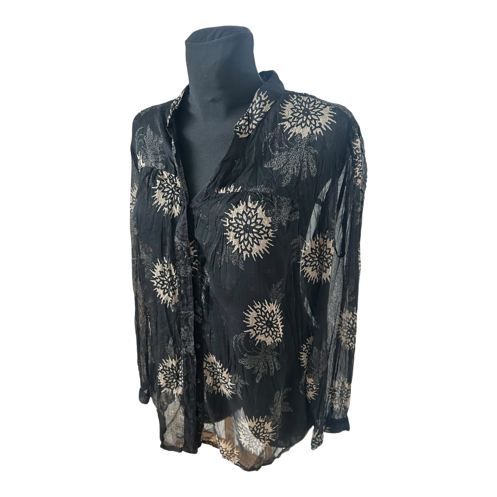 Yessica Damen Bluse Gr 48 Schwarz Transparent Krepp Muster Langarm Elegant