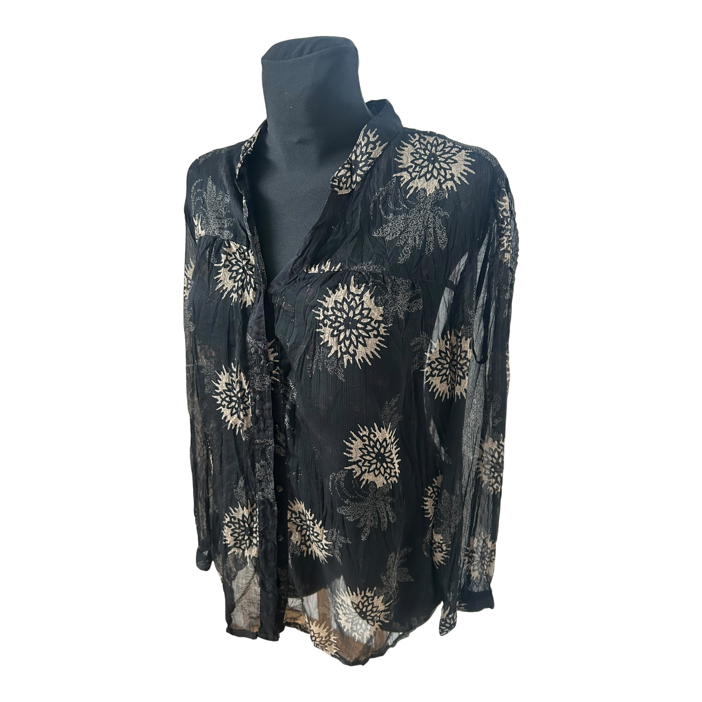 Yessica Damen Bluse Gr 48 Schwarz Transparent Krepp Muster Langarm Elegant