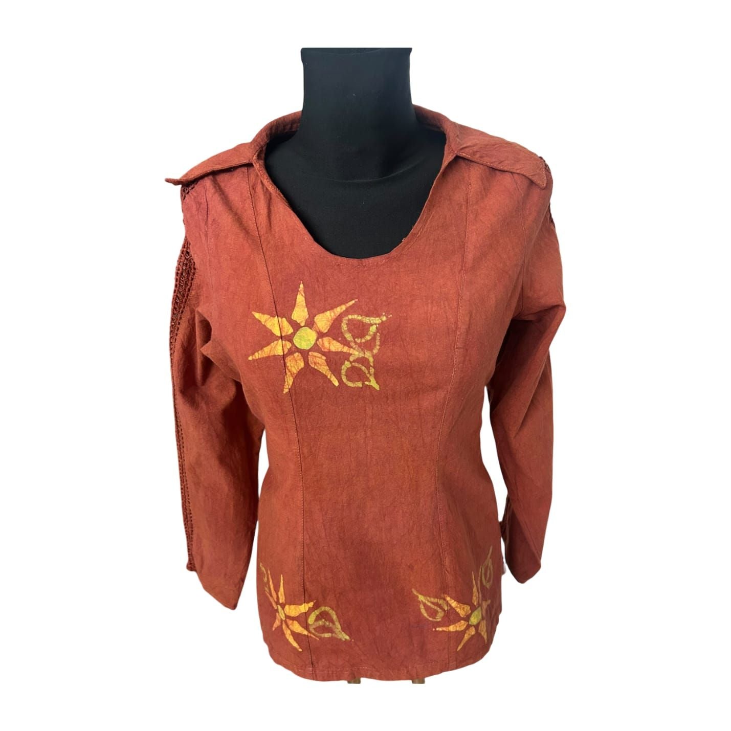 Leinen Bluse Damen Gr 36 Rost Braun Boho Stickerei Gummizug Rücken Elegant