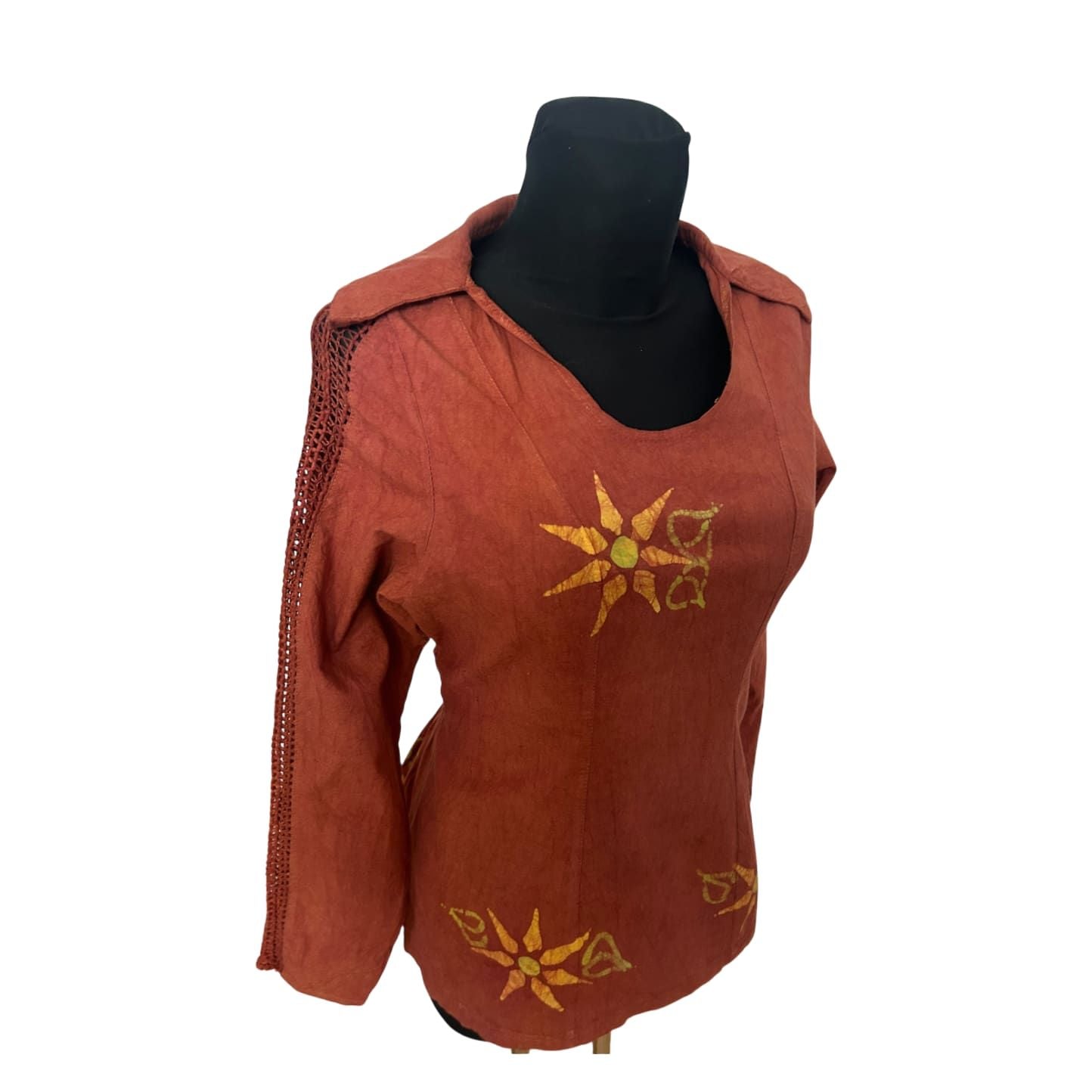 Leinen Bluse Damen Gr 36 Rost Braun Boho Stickerei Gummizug Rücken Elegant