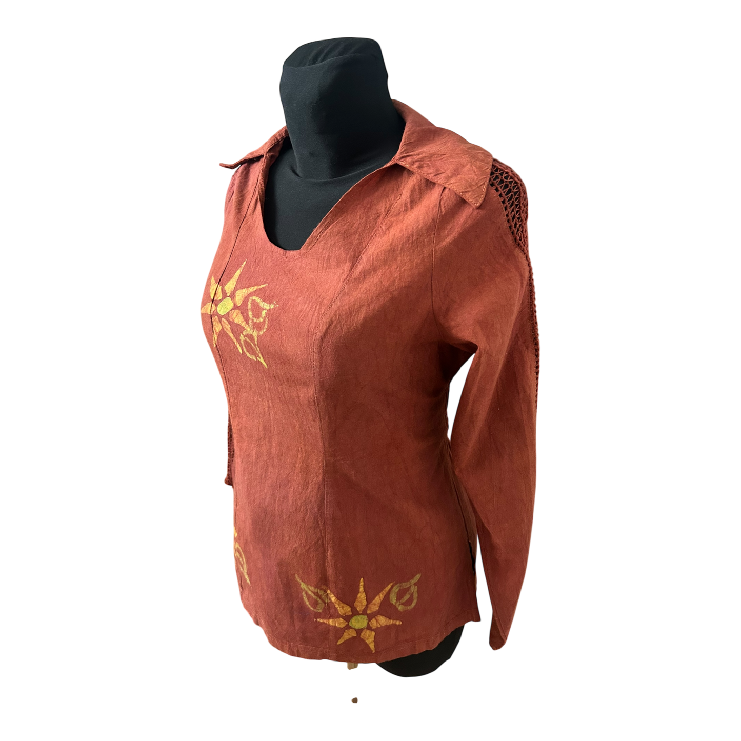 Leinen Bluse Damen Gr 36 Rost Braun Boho Stickerei Gummizug Rücken Elegant