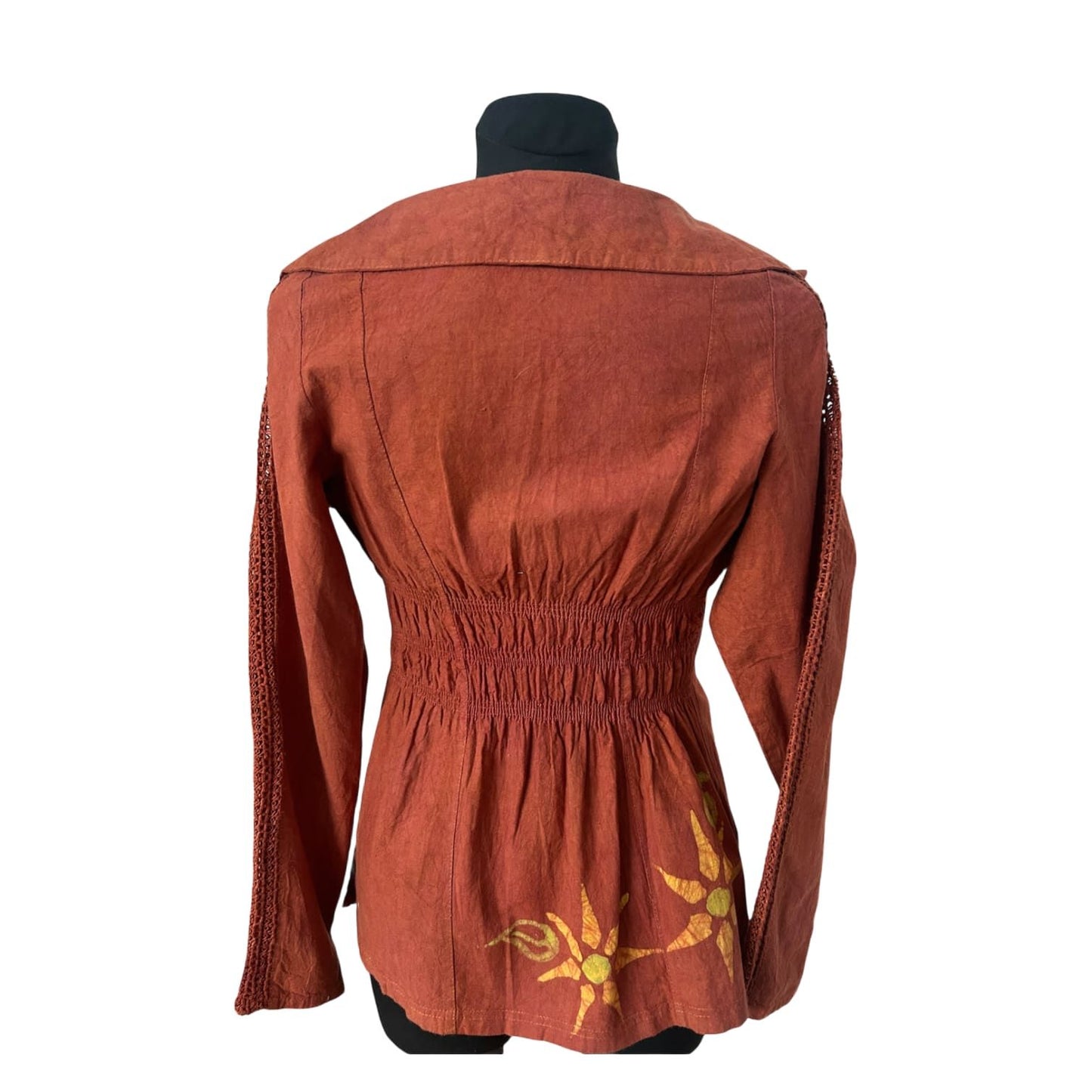 Leinen Bluse Damen Gr 36 Rost Braun Boho Stickerei Gummizug Rücken Elegant