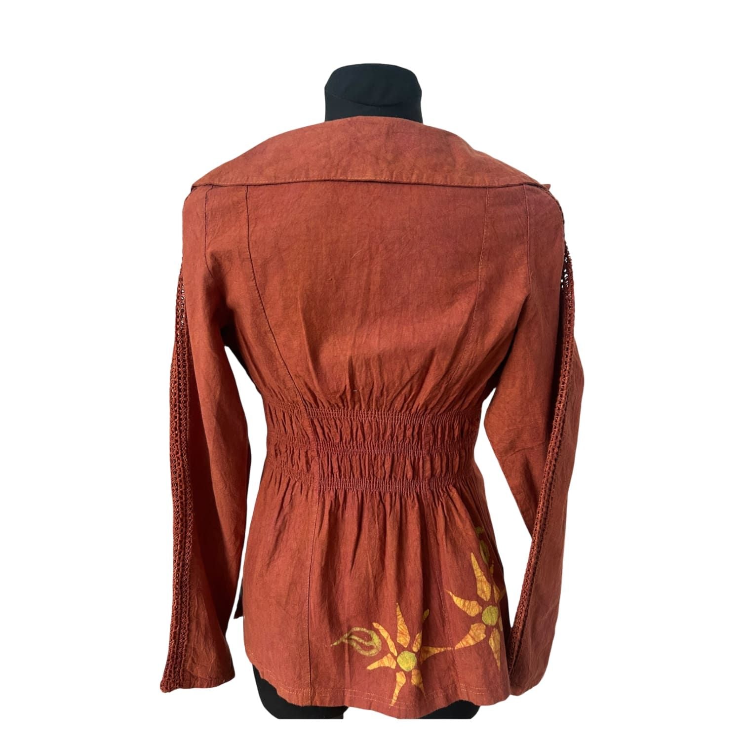 Leinen Bluse Damen Gr 36 Rost Braun Boho Stickerei Gummizug Rücken Elegant