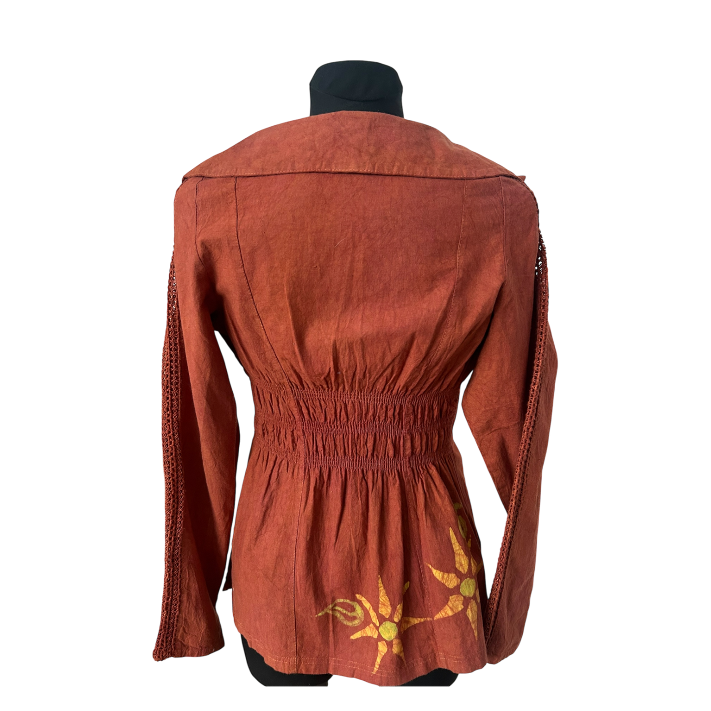 Leinen Bluse Damen Gr 36 Rost Braun Boho Stickerei Gummizug Rücken Elegant