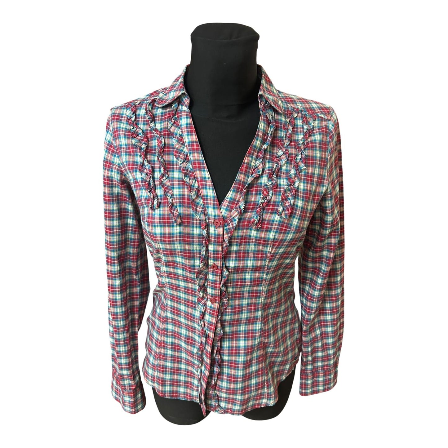 Esprit Bluse Damen Gr 34 Rot Blau Kariert Rüschen Baumwolle Figurbetont