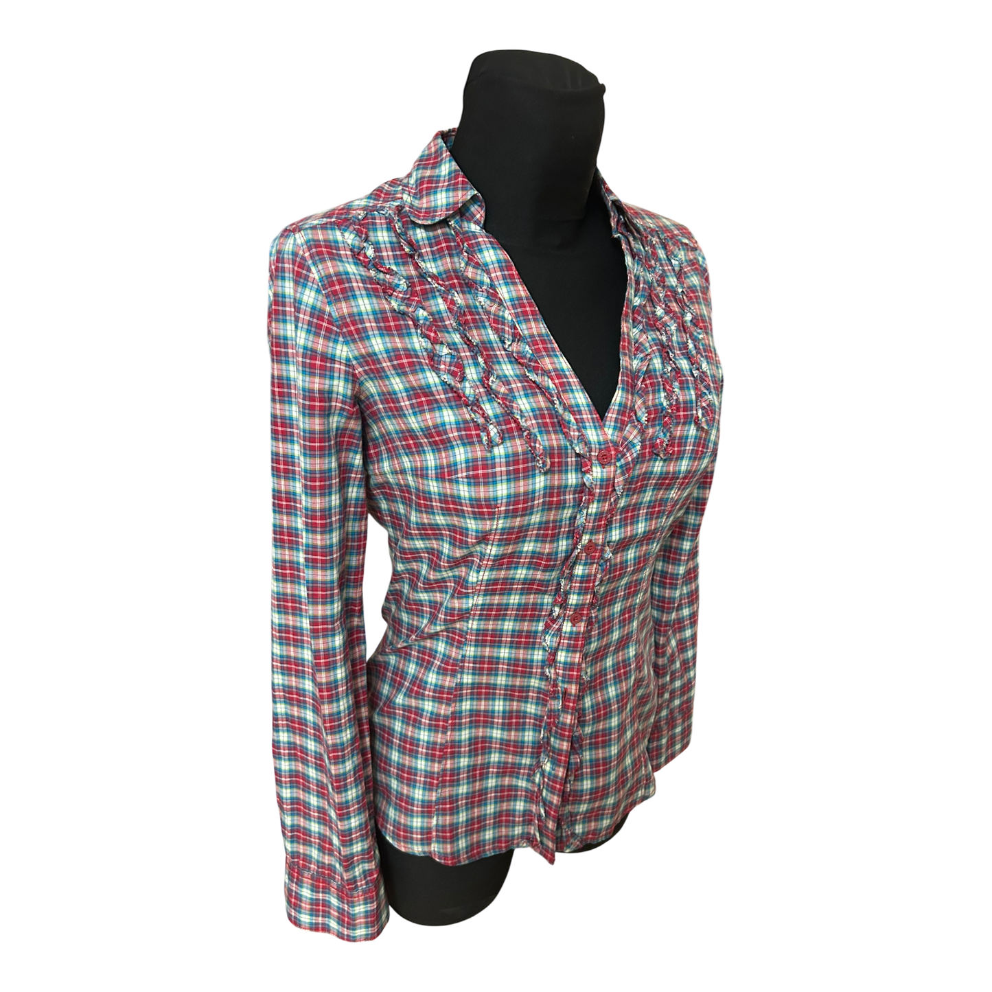 Esprit Bluse Damen Gr 34 Rot Blau Kariert Rüschen Baumwolle Figurbetont