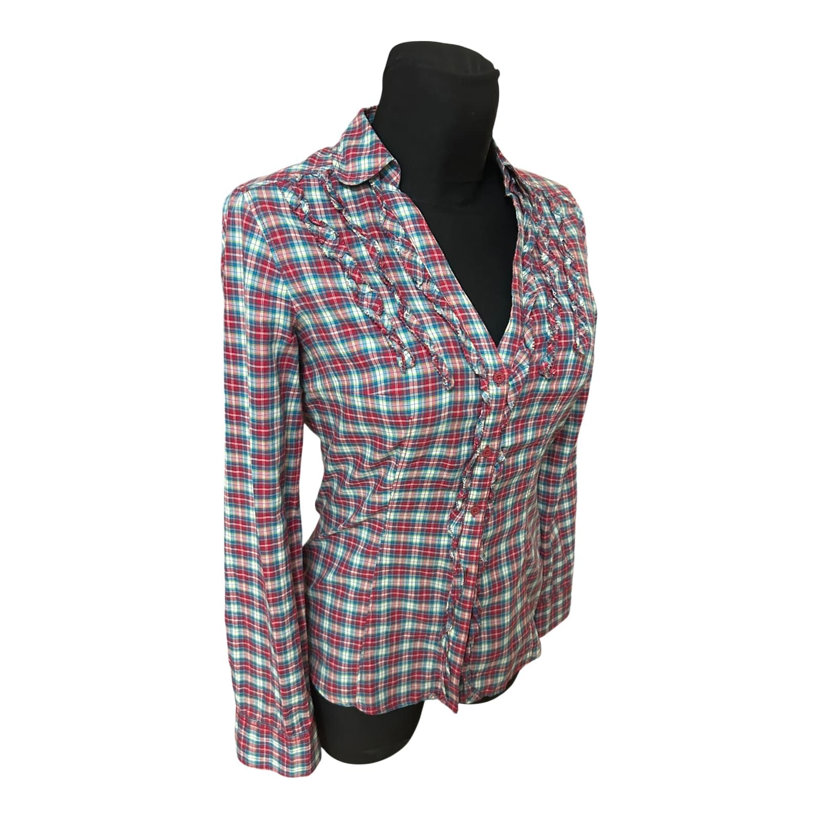 Esprit Bluse Damen Gr 34 Rot Blau Kariert Rüschen Baumwolle Figurbetont