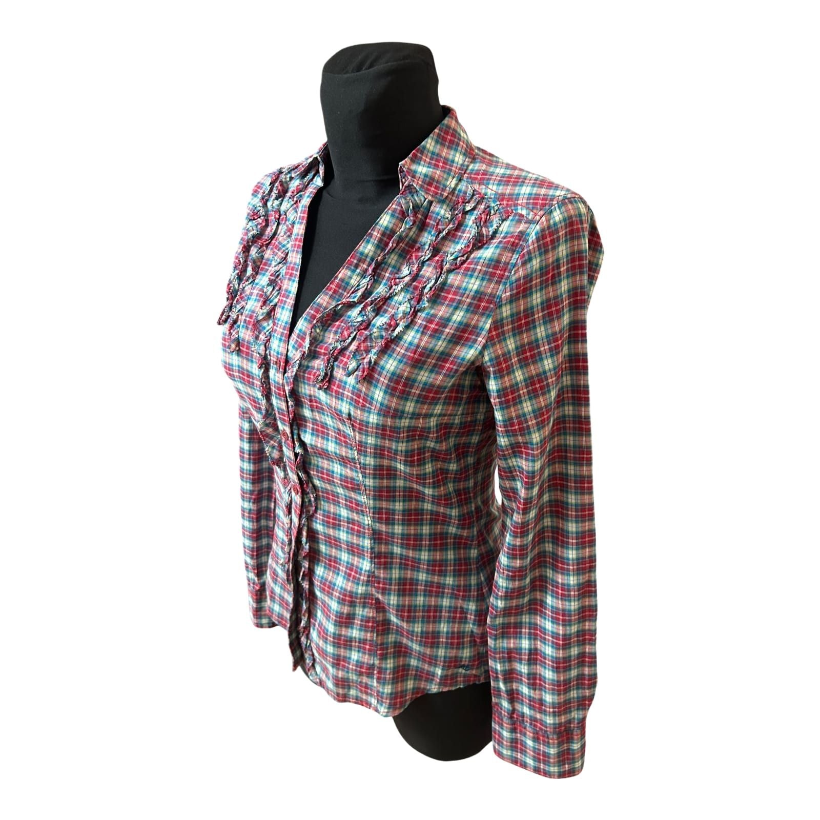 Esprit Bluse Damen Gr 34 Rot Blau Kariert Rüschen Baumwolle Figurbetont