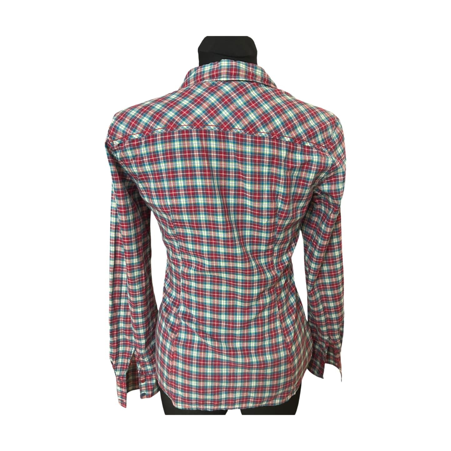 Esprit Bluse Damen Gr 34 Rot Blau Kariert Rüschen Baumwolle Figurbetont