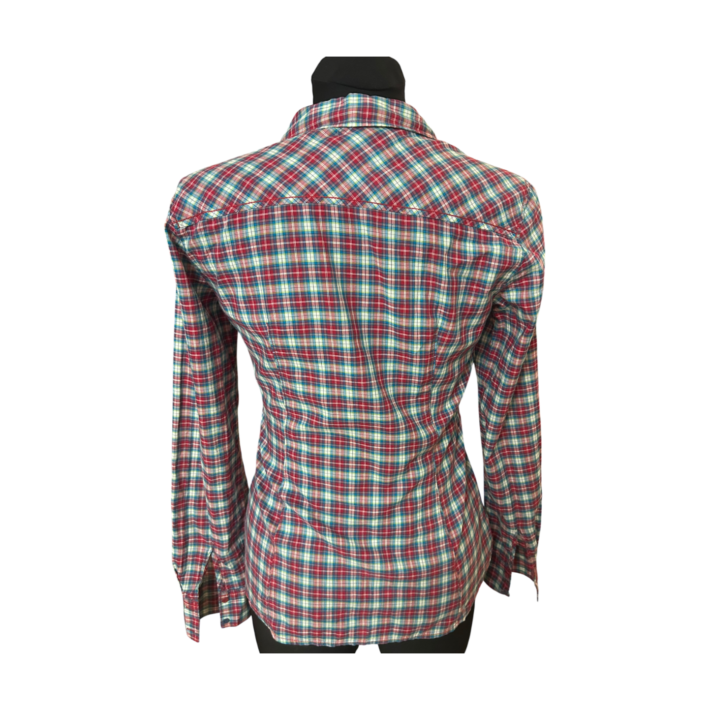 Esprit Bluse Damen Gr 34 Rot Blau Kariert Rüschen Baumwolle Figurbetont