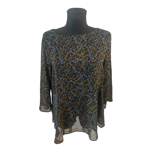 Uniqlo Bluse Damen Gr L Schwarz Transparent Blumen Dreiviertelarm