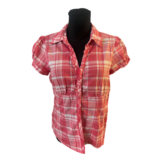 1982 Bluse Damen Gr L Pink Kariert Kurzarm Baumwolle Sommerlook