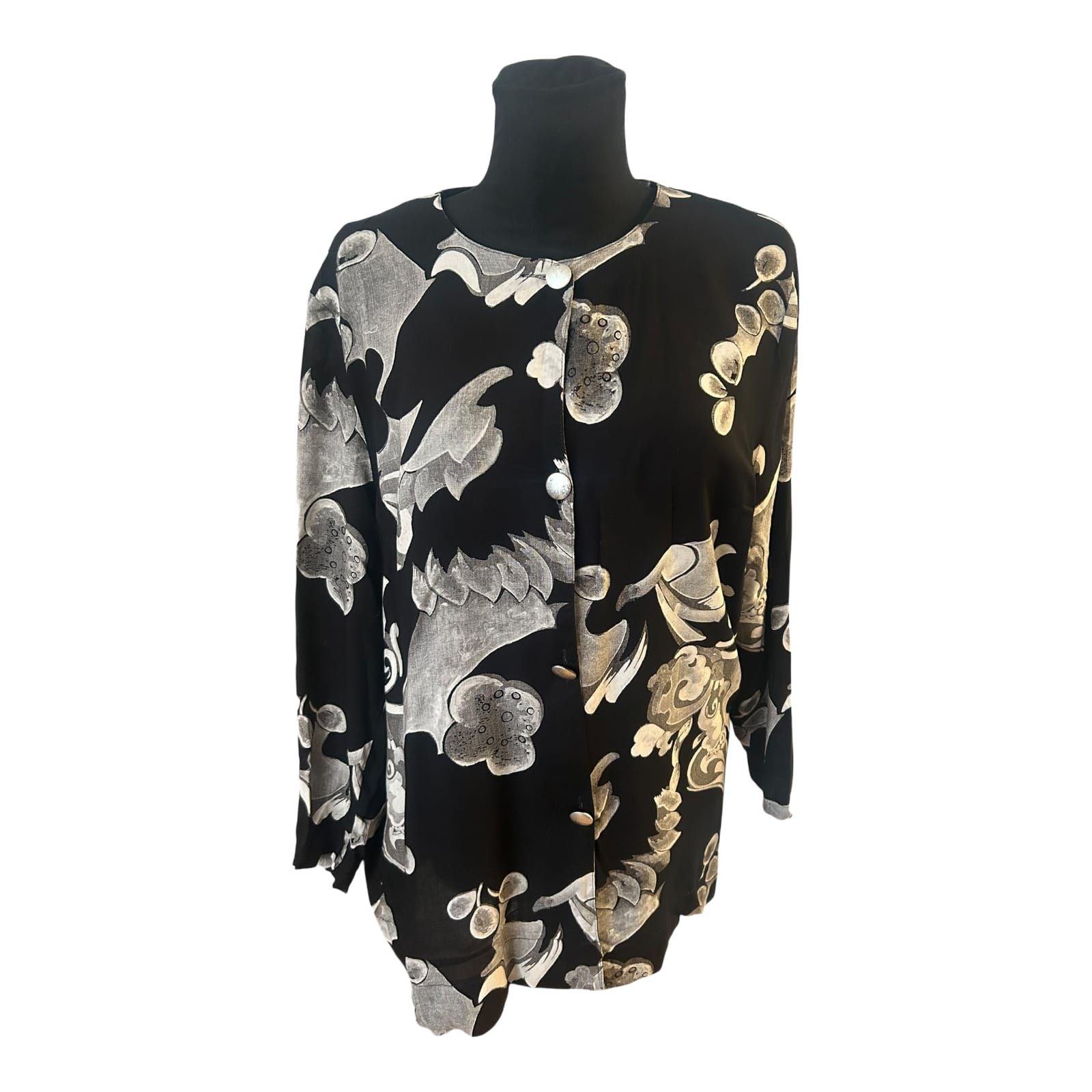 Damen Bluse Gr 40 Schwarz Weiß Viskose Ornament Muster Elegant