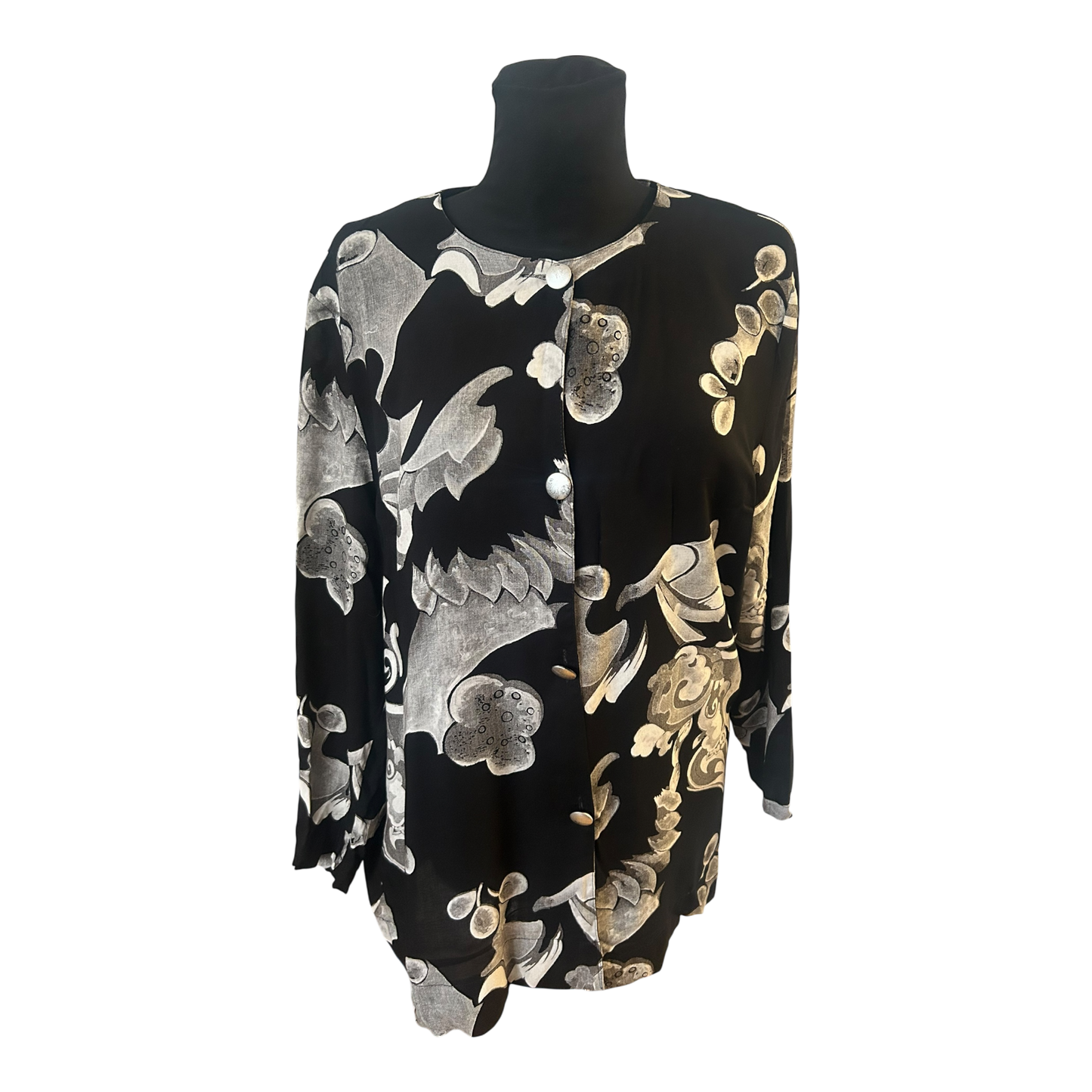 Damen Bluse Gr 40 Schwarz Weiß Viskose Ornament Muster Elegant