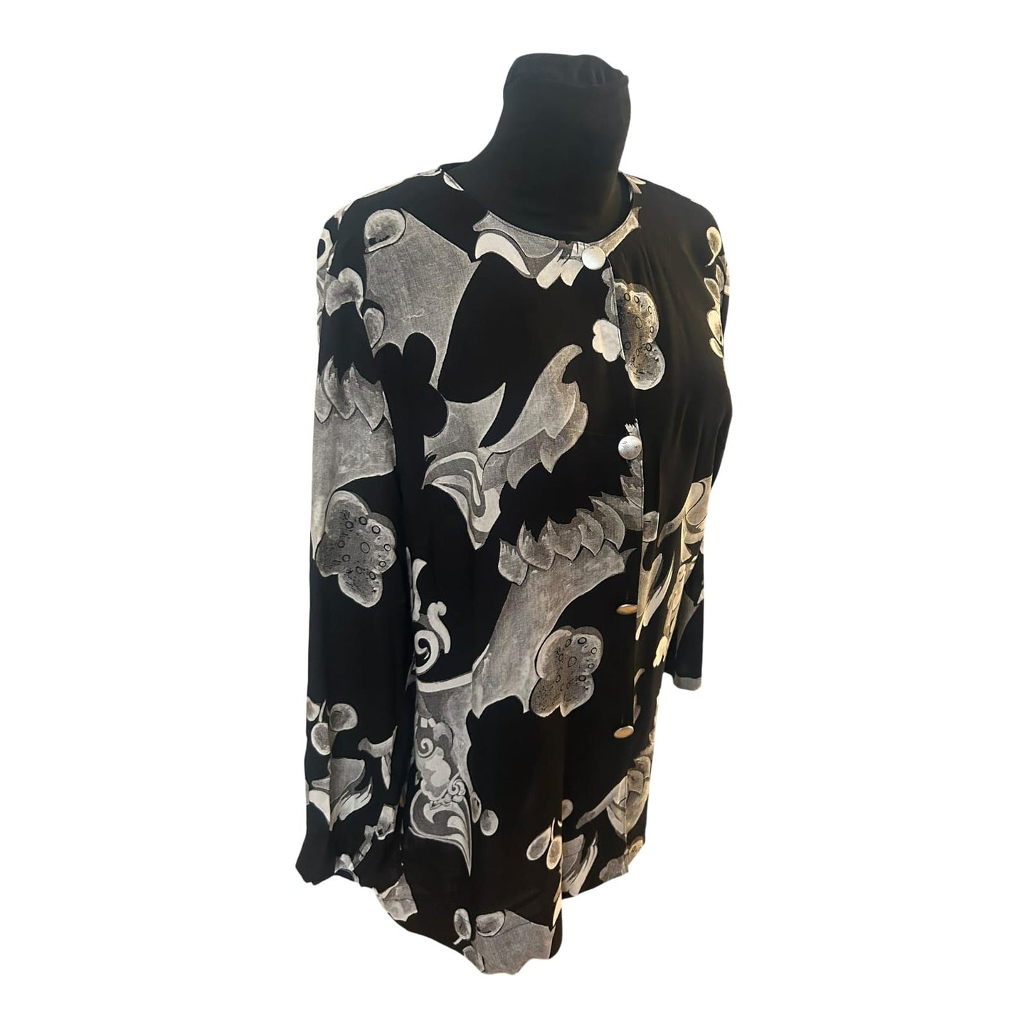 Damen Bluse Gr 40 Schwarz Weiß Viskose Ornament Muster Elegant