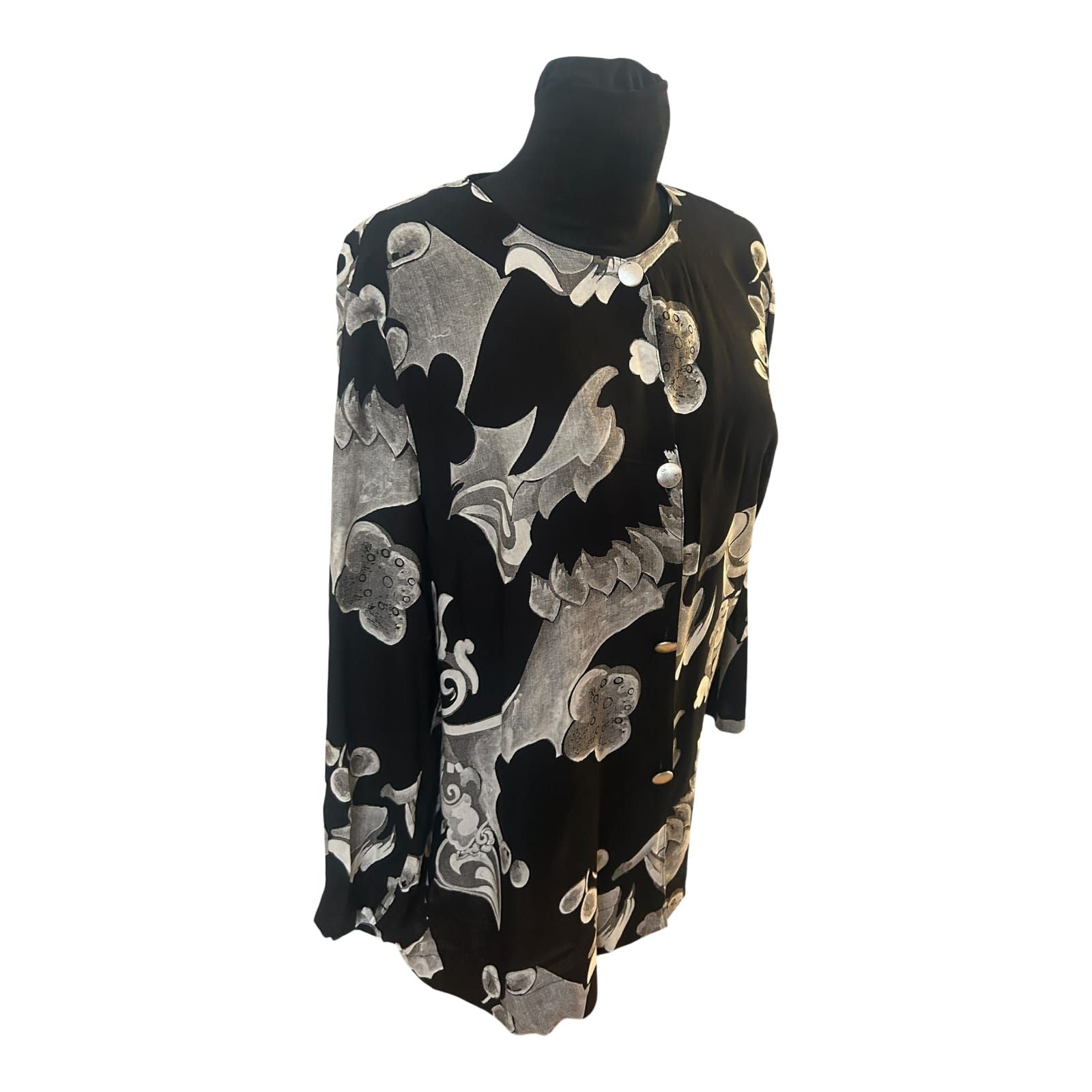 Damen Bluse Gr 40 Schwarz Weiß Viskose Ornament Muster Elegant