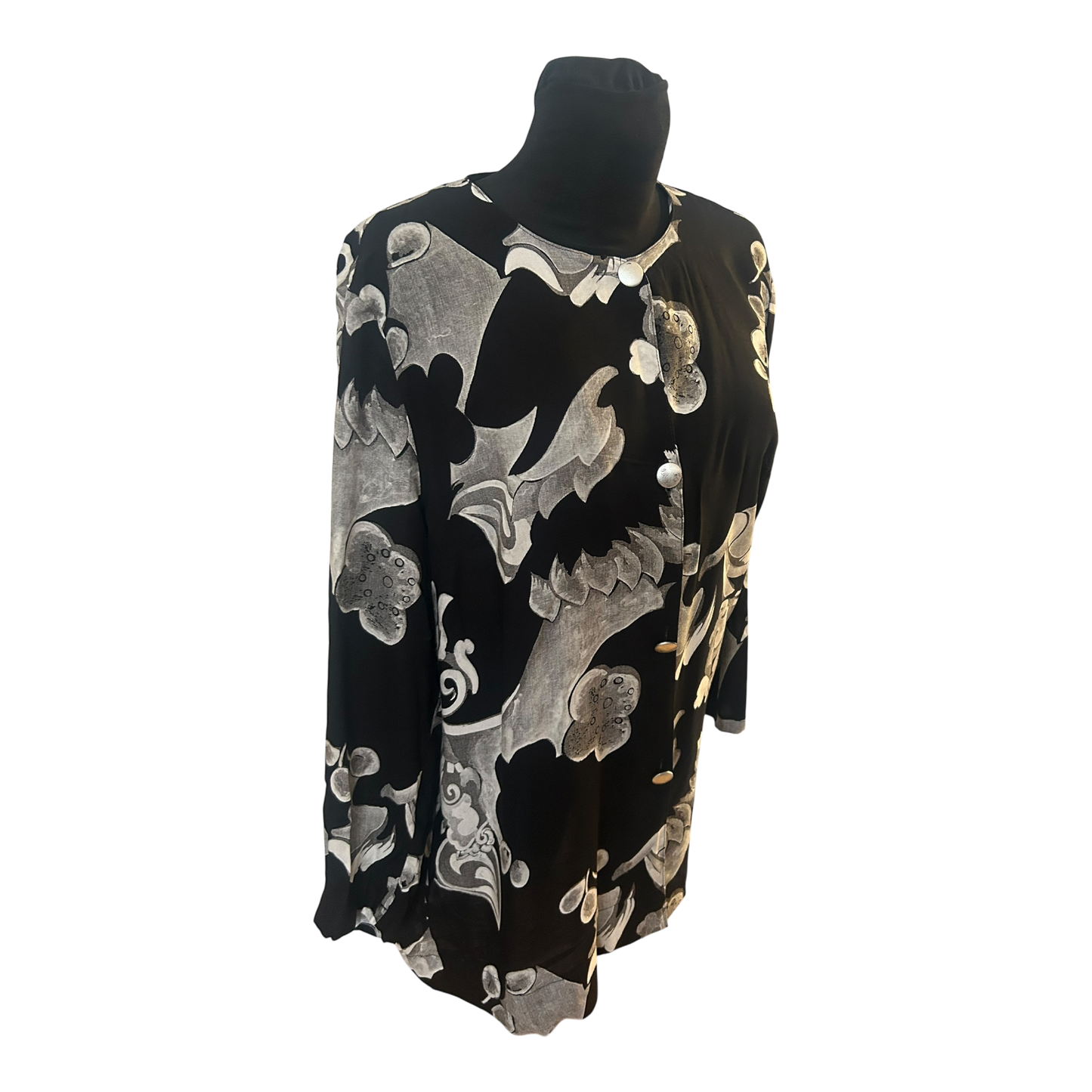 Damen Bluse Gr 40 Schwarz Weiß Viskose Ornament Muster Elegant