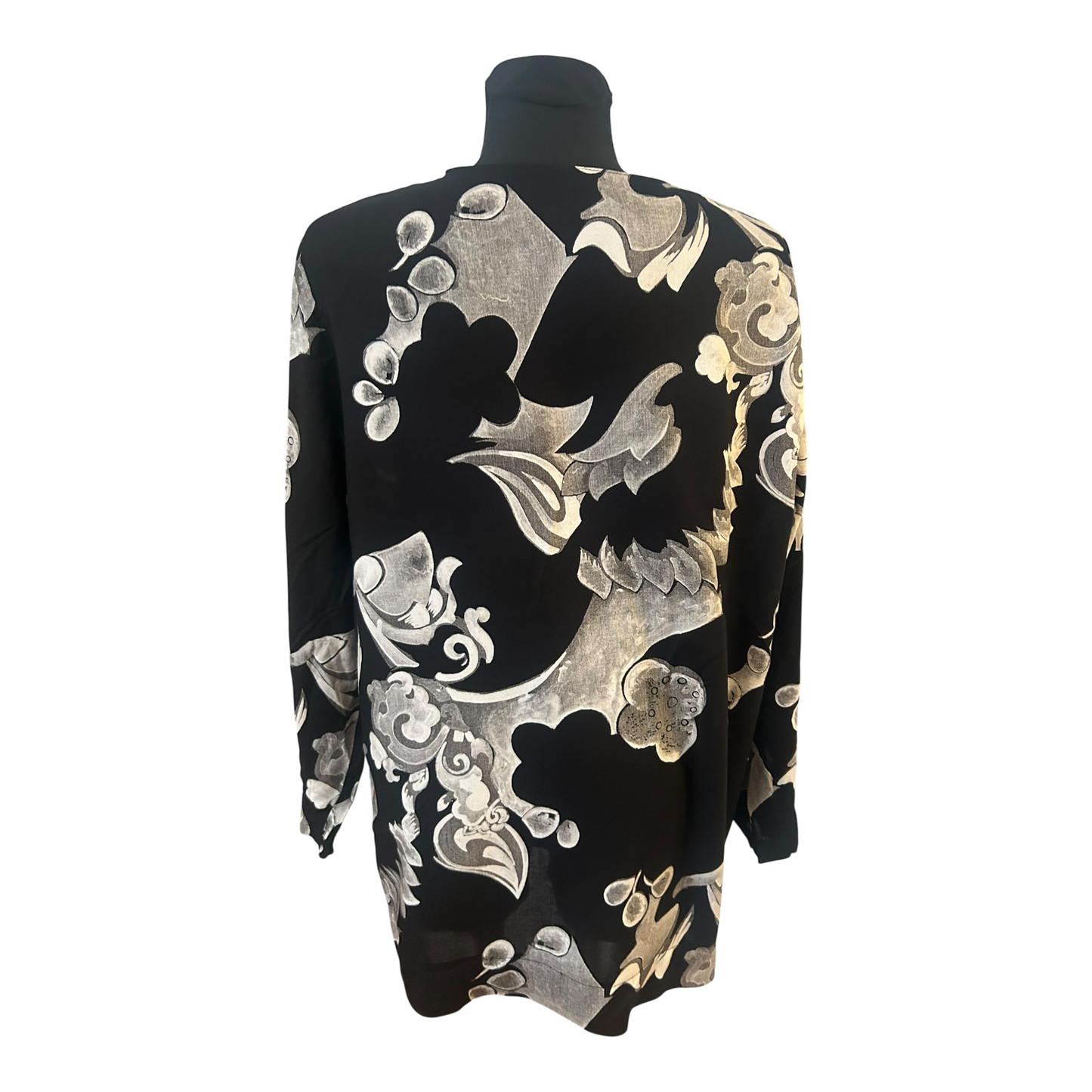 Damen Bluse Gr 40 Schwarz Weiß Viskose Ornament Muster Elegant